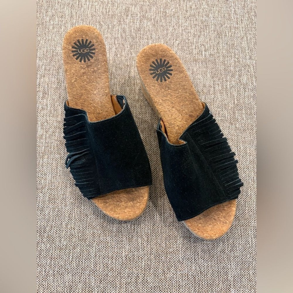 UGG Danes Cork Wedge Slide Shoe Black Suede Fringe Jute Size 8 Boho EUC
